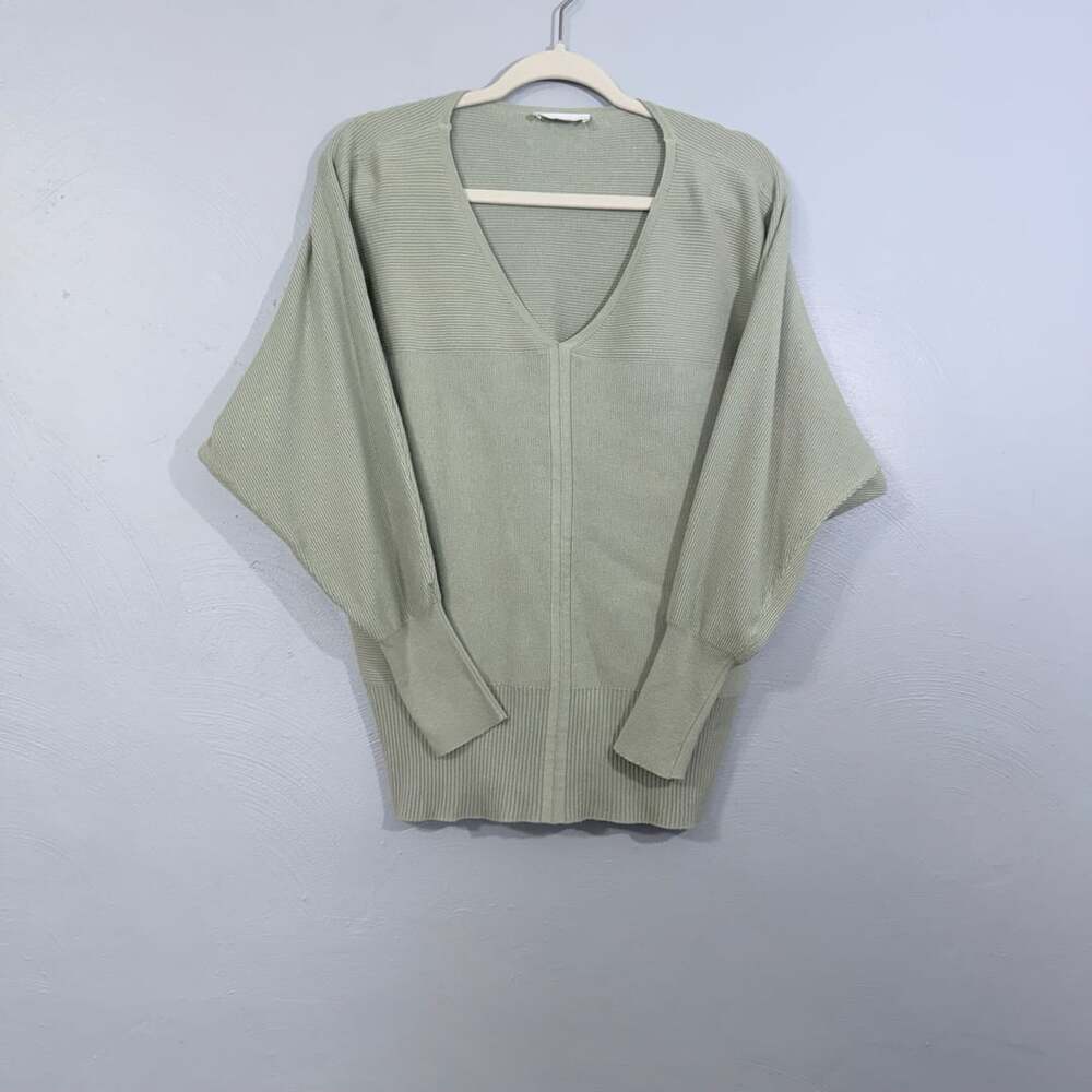 Milano Rib Knit V-Neck Dolman Sleeve Sweater Green